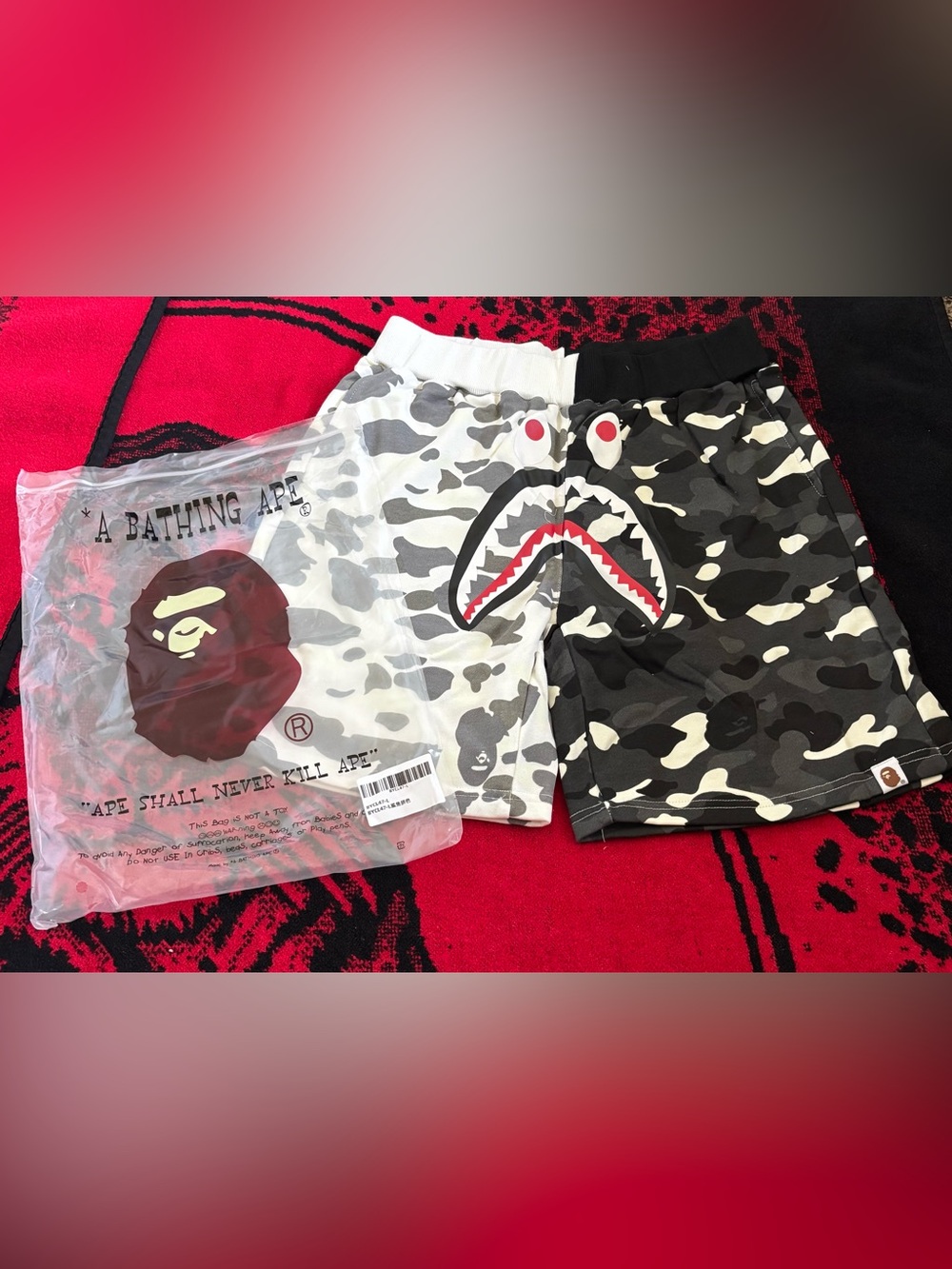 Bape Shark Camo Cargo Shorts - Black & White